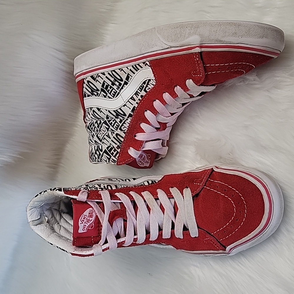 VANS Old Skool‎ Hi Red Suede Black White Canvas Logo Punk Skate Lace Up Sneakers